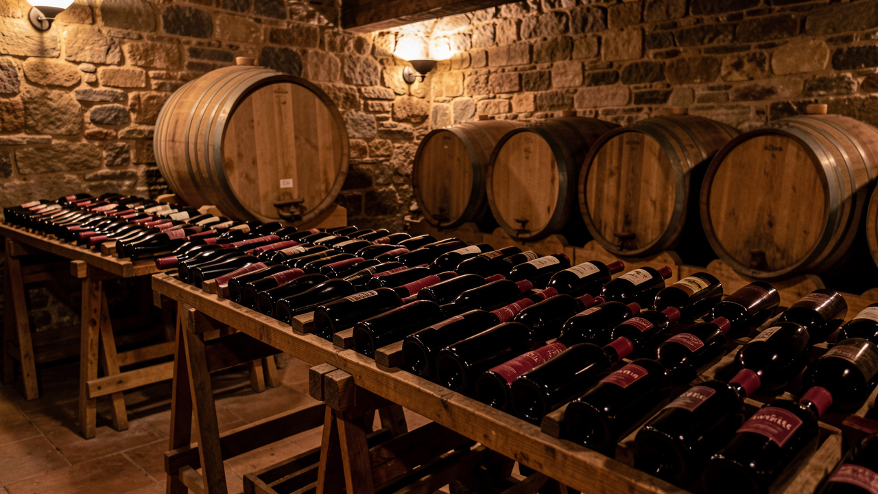 Rangées de bouteilles de vin rouge dans une cave traditionnelle aux murs de pierre, éclairées par une lumière chaude et sobre.