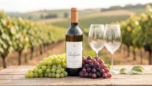 Bouteille de vin désalcoolisé entourée de raisins frais et accompagnée de deux verres sur une table en bois, avec un vignoble flou en arrière-plan.