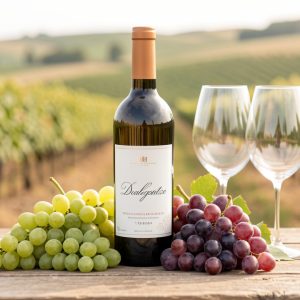 Bouteille de vin désalcoolisé entourée de raisins frais et accompagnée de deux verres sur une table en bois, avec un vignoble flou en arrière-plan.