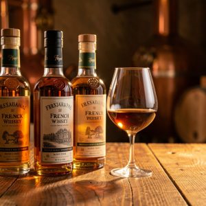 Bouteilles de whisky français artisanal et verre tulipe rempli de whisky ambré sur une table en bois, dans une distillerie chaleureuse et raffinée.