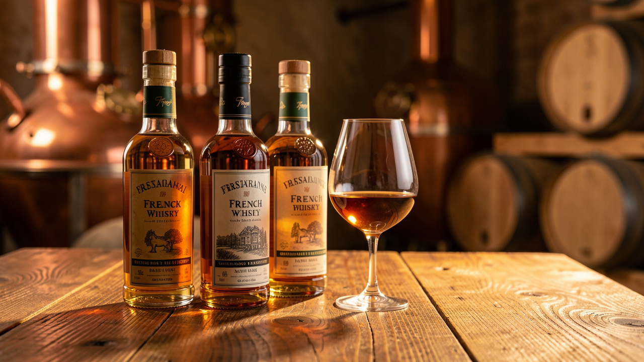 Bouteilles de whisky français artisanal et verre tulipe rempli de whisky ambré sur une table en bois, dans une distillerie chaleureuse et raffinée.
