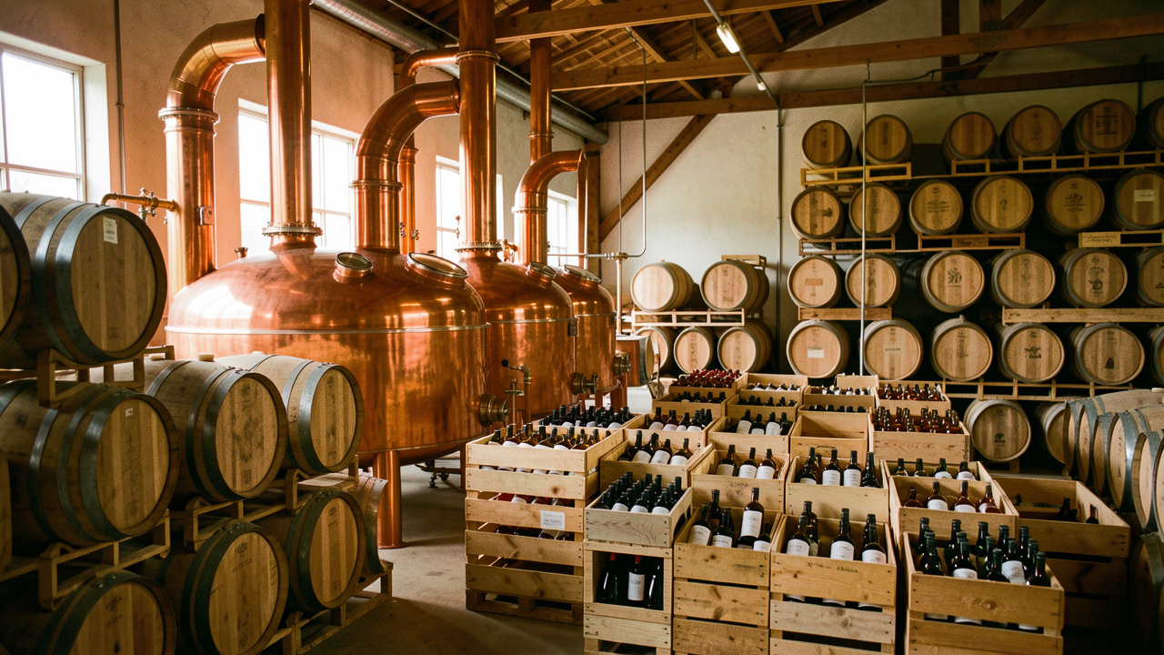 Distillerie artisanale canadienne avec alambics en cuivre, fûts de whisky et caisses de bouteilles sans étiquettes dans un entrepôt éclairé naturellement.