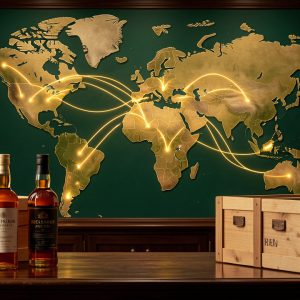 Carte stylisée des échanges mondiaux de whisky reliant les États-Unis, la Chine et l’Europe, avec des bouteilles ambrées sans étiquette et des caisses d’exportation dans l’ambiance chaleureuse d’un bar élégant.