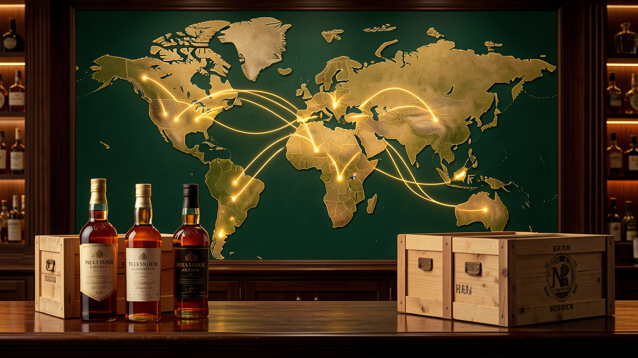 Carte stylisée des échanges mondiaux de whisky reliant les États-Unis, la Chine et l’Europe, avec des bouteilles ambrées sans étiquette et des caisses d’exportation dans l’ambiance chaleureuse d’un bar élégant.