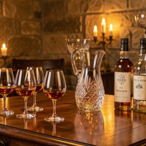 Table de dégustation élégante avec plusieurs verres tulipe de whisky ambré, une carafe d’eau et des bouteilles sans étiquette dans une cave éclairée d’une lumière chaude.