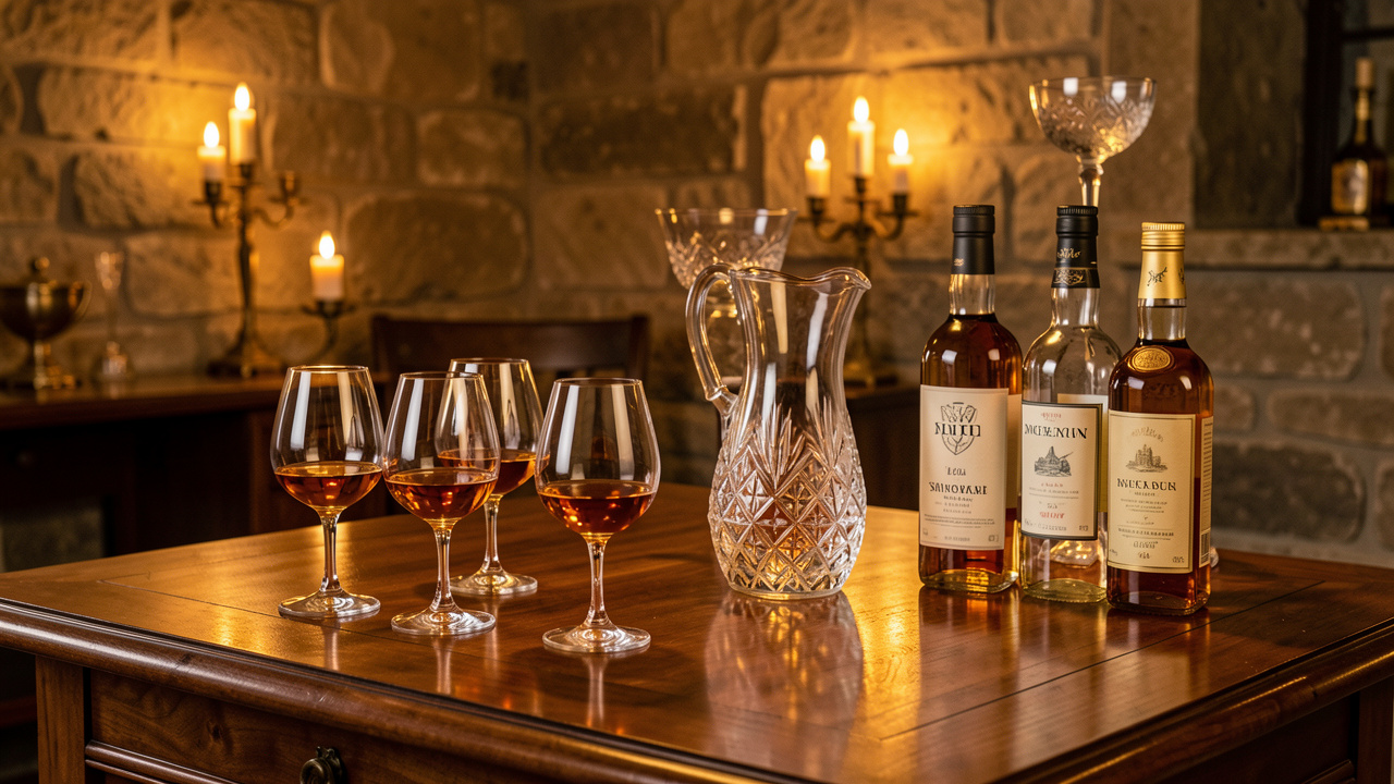 Table de dégustation élégante avec plusieurs verres tulipe de whisky ambré, une carafe d’eau et des bouteilles sans étiquette dans une cave éclairée d’une lumière chaude.