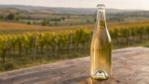 Bouteille en verre de vin blanc allemand sans alcool posée sur une table en bois, avec un vignoble de riesling baigné par la douce lumière de fin de journée en arrière-plan.