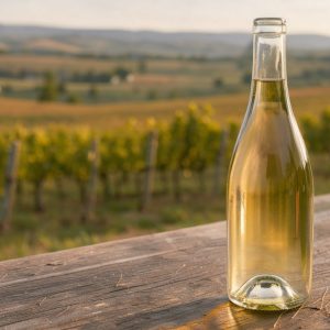 Bouteille en verre de vin blanc allemand sans alcool posée sur une table en bois, avec un vignoble de riesling baigné par la douce lumière de fin de journée en arrière-plan.