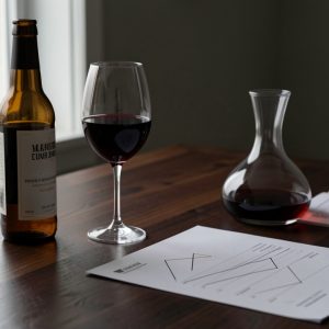 Illustration éditoriale sobre montrant une bouteille de bière, un verre de vin rouge et une carafe de spiritueux posés devant des documents fiscaux vierges.