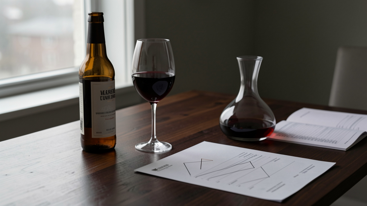 Illustration éditoriale sobre montrant une bouteille de bière, un verre de vin rouge et une carafe de spiritueux posés devant des documents fiscaux vierges.