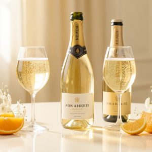 Table de dégustation lumineuse présentant trois bouteilles d’effervescents sans alcool, des verres tulipe remplis de fines bulles, des agrumes et des fleurs blanches.