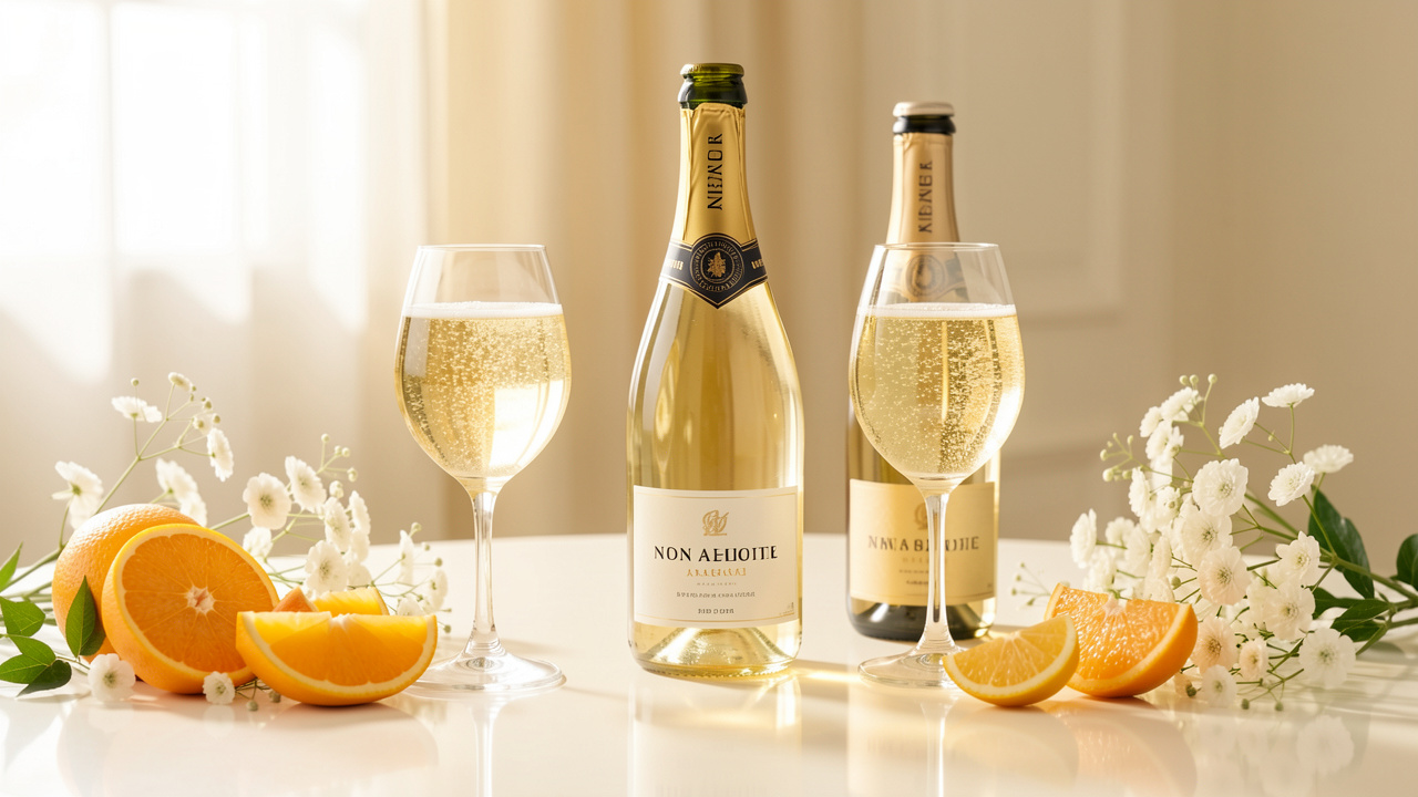 Table de dégustation lumineuse présentant trois bouteilles d’effervescents sans alcool, des verres tulipe remplis de fines bulles, des agrumes et des fleurs blanches.