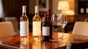 Table de dégustation lumineuse présentant des bouteilles de vin blanc et de vin rouge, des demi-bouteilles et deux verres dans une ambiance élégante et conviviale.