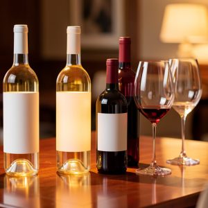 Table de dégustation lumineuse présentant des bouteilles de vin blanc et de vin rouge, des demi-bouteilles et deux verres dans une ambiance élégante et conviviale.