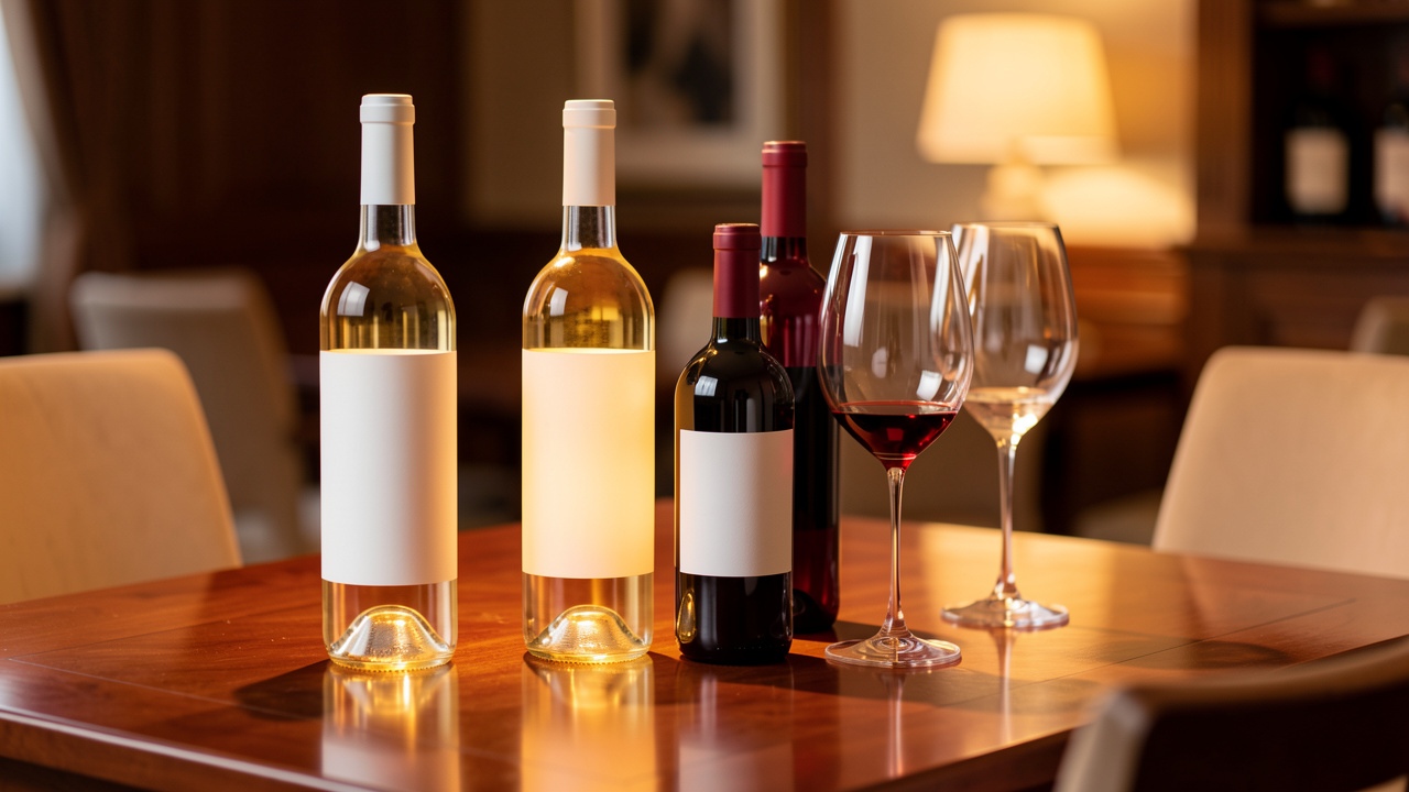 Table de dégustation lumineuse présentant des bouteilles de vin blanc et de vin rouge, des demi-bouteilles et deux verres dans une ambiance élégante et conviviale.